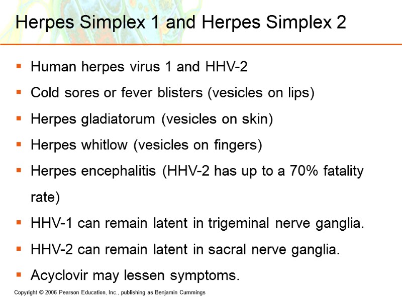 Herpes Simplex 1 and Herpes Simplex 2 Human herpes virus 1 and HHV-2 Cold